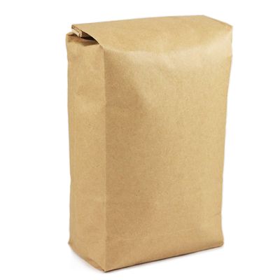 Plain brown paper bag with a tin-tie closure at the top, filled with roasted coffee